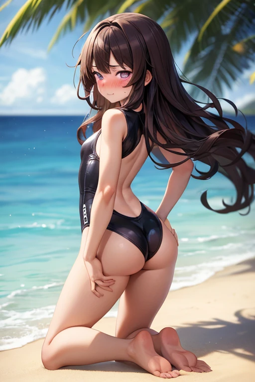 ((best quality)), ((masterpiece)), (detailed), 1 girl, full body, 19 years old, embarrassed face, young adult, somewhat short stature, purple eyes, brown hair, somewhat wavy hair, long hair, bang, blushing, very small breasts, black sexy swinsuit, doggy style pose, blushing, seductive legs, big ass, sexy ass, head down butt up, beach background, looking back, anime