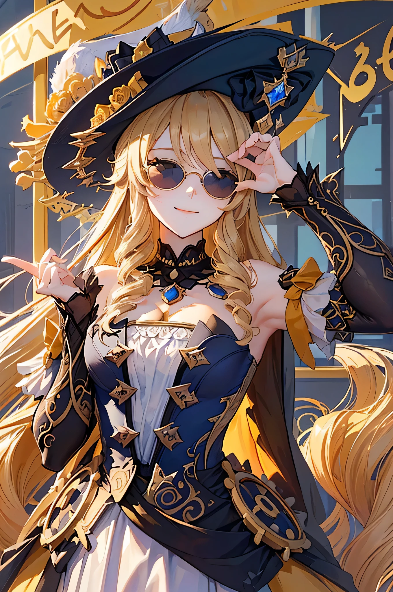 (hyper detailed background, top-quality、4K、Wear a big hat、Golden hair、Wear sunglasses、Touch your black sunglasses with your right hand、Face up、solo、Upper Body Up、A smile、Clean face、perfect hand、Looking at the camera、Market Background, sexy pose, breast medium, blushing