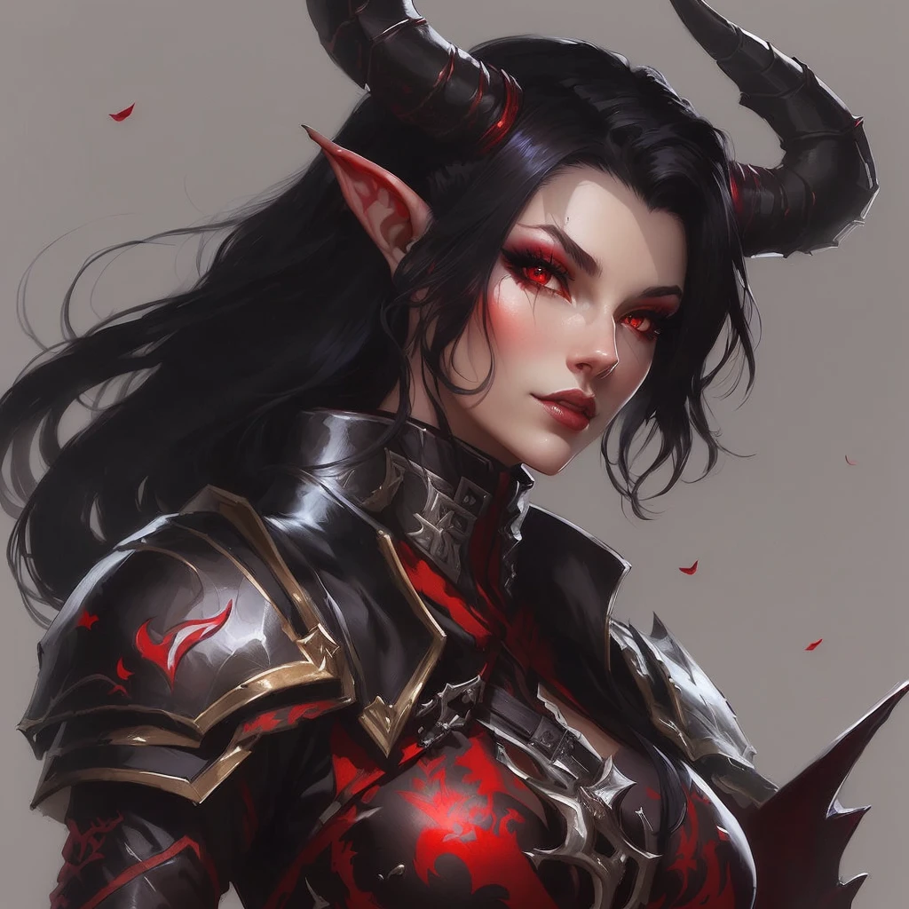 a close up of a woman with horns and red eyes, tiefling, tiefling female warlock, dnd portrait of a tiefling, tiefling rogue, tiefling from d & d, alluring tiefling druid, attractive tiefling druid, by Yang J, artgerm detailed, diablo 4 lilith, alena aenami and artgerm, mature, full body
