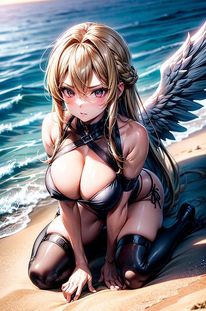 female archangel prepared for battle, an extremally beautiful warrior valkyre, ultra feminine, long hair, blond hair, braided hair, wearing divine golden armor, , big brea wings: 1.2) spread, angry look, prepared for battle, kneeling on sand, beach environment, 16k, RAW, ultra wide shot, photorealism, depth of field, hyper realistic. ray tracing