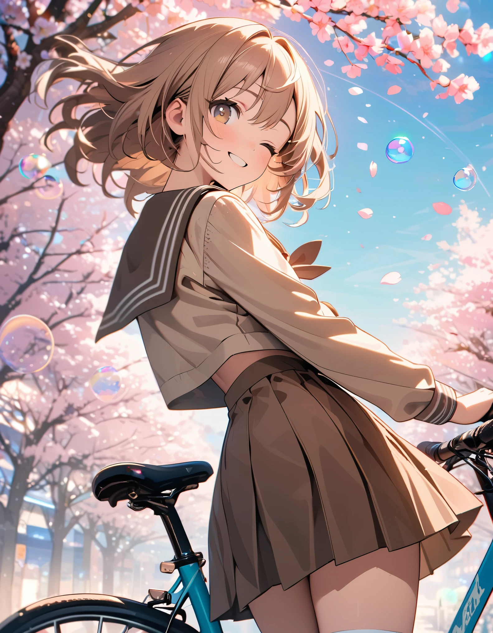 (8K, best quality, master piece:1.2),super high resolution,anime,1 girl,solo,16yo,ultra-detailed face,detailed eyes,sailor suit,brown collar(brown:1.5), light brown shirt,long sleeve,brown pleated skirt,brown ribbon tie,white knee-high socks,gradient eyes,one eye closed,smile,floating hair,pink hair,short hair,cowboy shot,Looking back at the viewer,Bicycle rack,cherry blossom tree,blue sky,(petals:1.3),(bubbles:1.3),(iridescent light:1.4)