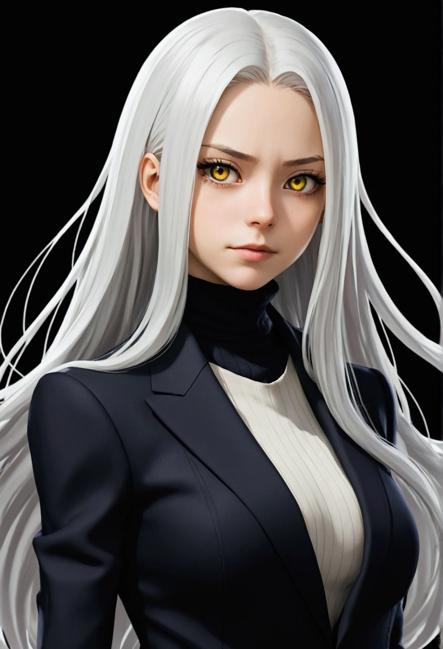 my hero academia, a girl, long white hair, yellow eyes, short, beautiful, in a black turtleneck suit.