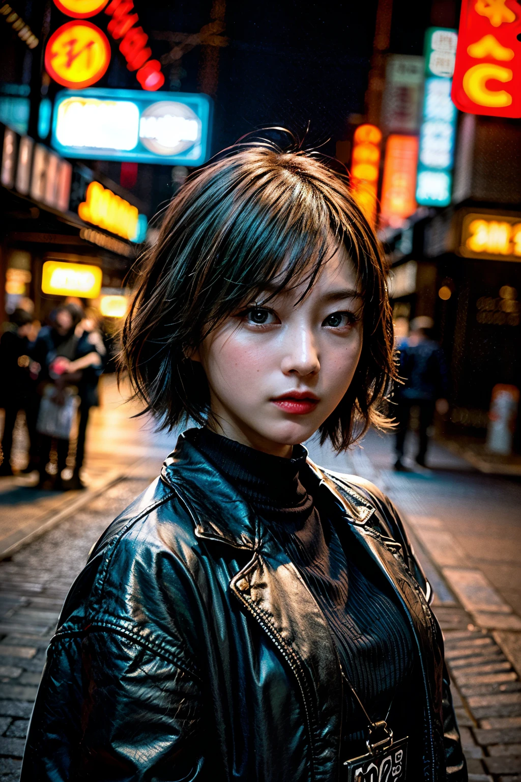 cinematic style street photography by Daiyo Moriyama at night, 8K, RAW photo, best quality, photorealistic, extremely detailed CG unity 8K wallpaper, Depth of field, Cinematic Light, Lens Flare, Ray tracing, gritty texture, vintage feel, high contrast, monochrome tones, low key lighting, sharp shadows, distinctive facial features, expressive faces, candid moments, cinematic compositions, urban backdrops, graffiti, neon signs, blurred backgrounds, vintage cars, moody atmosphere, timeless aesthetic.