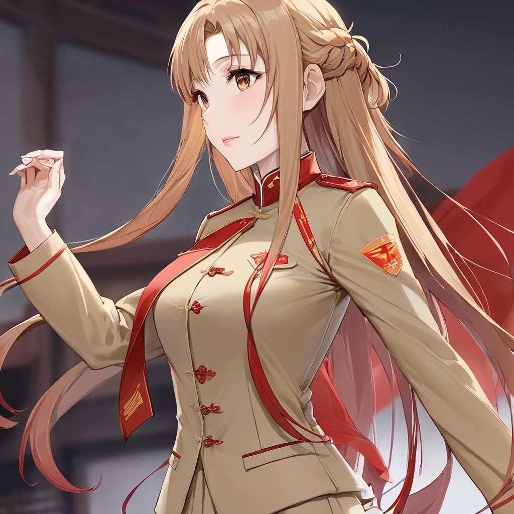 ((Highest quality)), ((masterpiece)), (detailed), (Perfect Face)、The woman is Chinese. She is a Chinese woman with light brown, medium-long hair and an engagement ring. She is a member of the glorious Chinese Communist Party and has sworn absolute loyalty to the Chinese Communist Party. She is a righteous Communist Party member of China.、The woman is wearing the khaki Mao suit of the Chinese Communist Party.、For the sake of China, they dye their hair, hairstyle, clothes, and everything they wear belongs to the Chinese Communist Party, and their thoughts are also Chinese, becoming great Chinese in body and mind.、The woman became Yuuki Asuna, a Chinese woman who is proud of and loves China.、She is serving China as a member of the great Communist Party of China.、She is a beautiful, respectable and exemplary Communist.