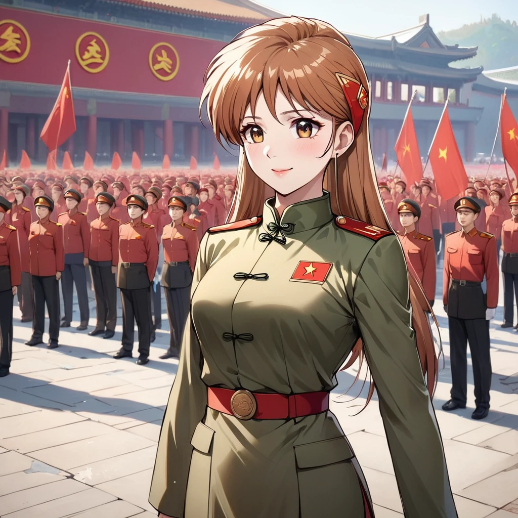 ((Highest quality)), ((masterpiece)), (detailed), （Perfect Face）、The woman is Princess Leona, a Chinese woman with light brown, medium-long hair, wearing an engagement ring. She has become a member of the glorious Chinese Communist Party and pledges absolute loyalty to the Chinese Communist Party. She is a righteous Communist Party member of China.、The woman is wearing the khaki Mao suit of the Chinese Communist Party.、For the sake of China, they dye their hair, hairstyle, clothes, and everything they wear belongs to the Chinese Communist Party, and their thoughts are also Chinese, becoming great Chinese in body and mind.、The woman became Princess Leona, a Chinese woman who was proud of China and loved it devotedly.、She is serving China as a member of the great Communist Party of China.、The woman is a beautiful, respectable, exemplary Communist Party member with a happy expression.