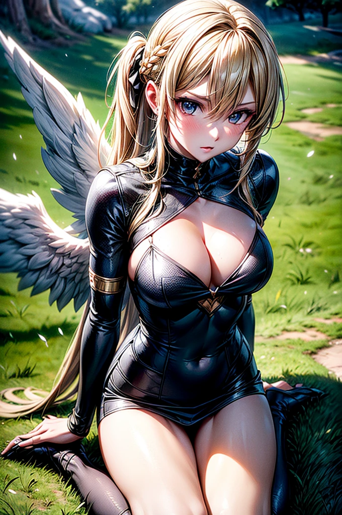 female archangel prepared for battle, an extremally beautiful warrior valkyre, ultra feminine, long hair, blond hair, braided hair, wearing divine golden armor, cleavage, big breasts, (angel wings: 1.2) spread, angry look, prepared for battle, kneeling on grass, field environment, 16k, RAW, ultra wide shot, photorealism, depth of field, hyper realistic. ray tracing