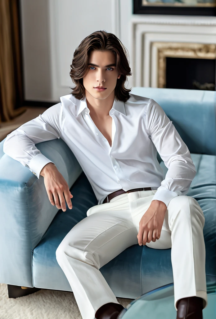 High quality, masterpiece, high definition, 1 young man, 20 years old, dark well-groomed shoulder length hair (3.0), enchanting pale blue eyes (2.0), white shirt (2.5), white oversized trousers(3.0), full body portrait (3.0), luxurious living room (3.0), sitting on a highback chair(3.0), coffee table with coffee on it(4.0)