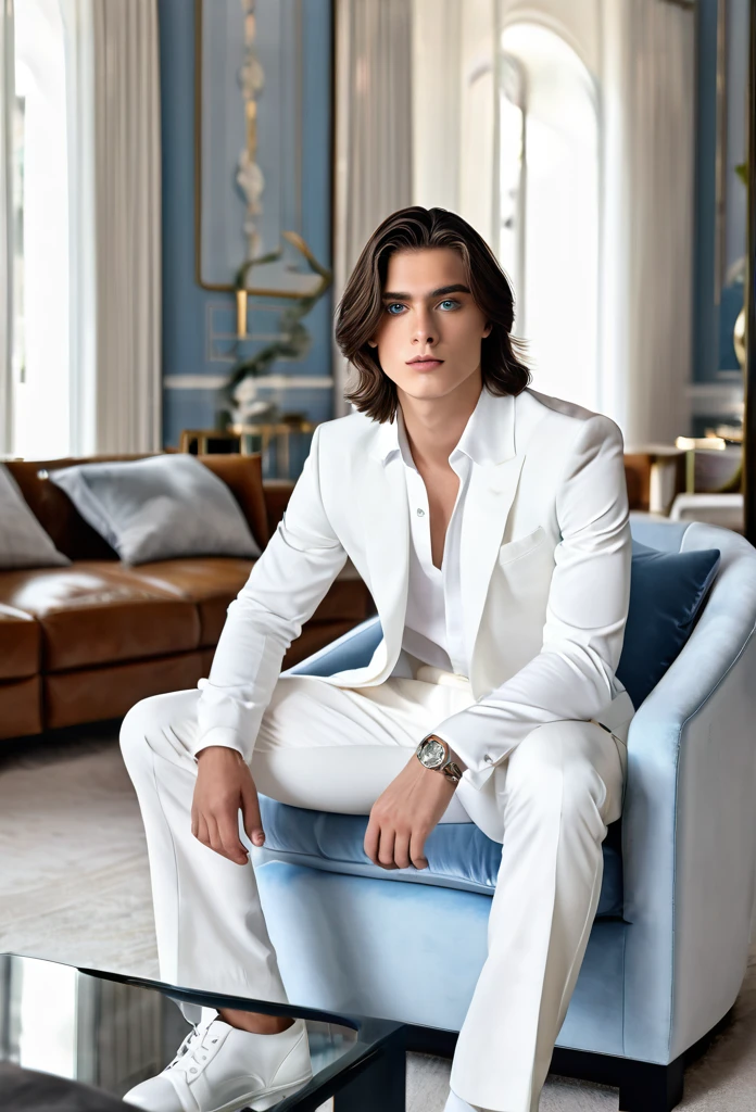 High quality, masterpiece, high definition, ung man, 20 years old, dark well-groomed shoulder length hair (3.0), enchanting pale blue eyes (2.0), white shirt (2.5), white oversized trousers(3.0), full body portrait (3.0), luxurious living room (3.0), sitting on a highback chair(3.0), coffee table with coffee on it(4.0)