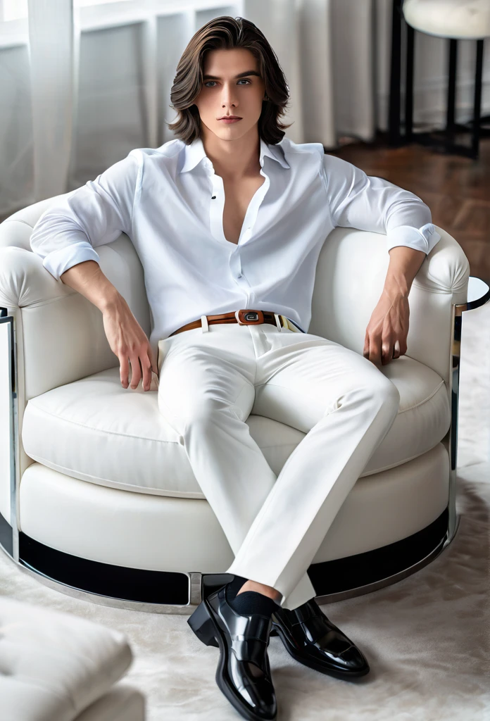 High quality, masterpiece, high definition, 1 young man, 20 years old, dark well-groomed shoulder length hair (3.0), enchanting pale blue eyes (2.0), white shirt (2.5), white oversized trousers(3.0), full body portrait (3.0), luxurious living room (3.0), sitting on a highback chair(3.0), coffee table with coffee on it(4.0)