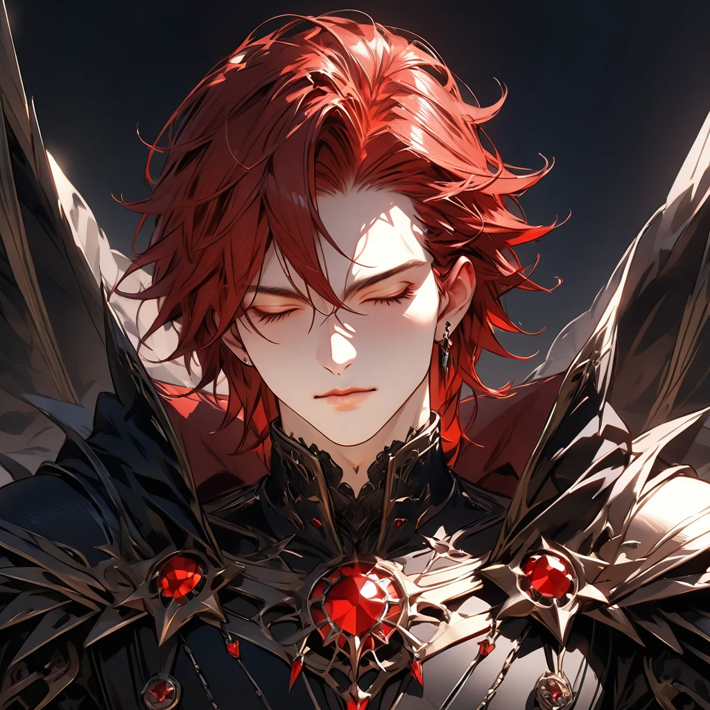 male face, red hair, (close eyes,) extremely detailed face, black overcoat, cape, RPG style, broad shoulders, upright posture, facing the image, no light in the image, (blue character background,) ((character with full rendering focus and details), UHD, accurate, masterpiece, anatomically correct, textured skin, super detail, high details, high quality, award winning, best quality, highres, 16k