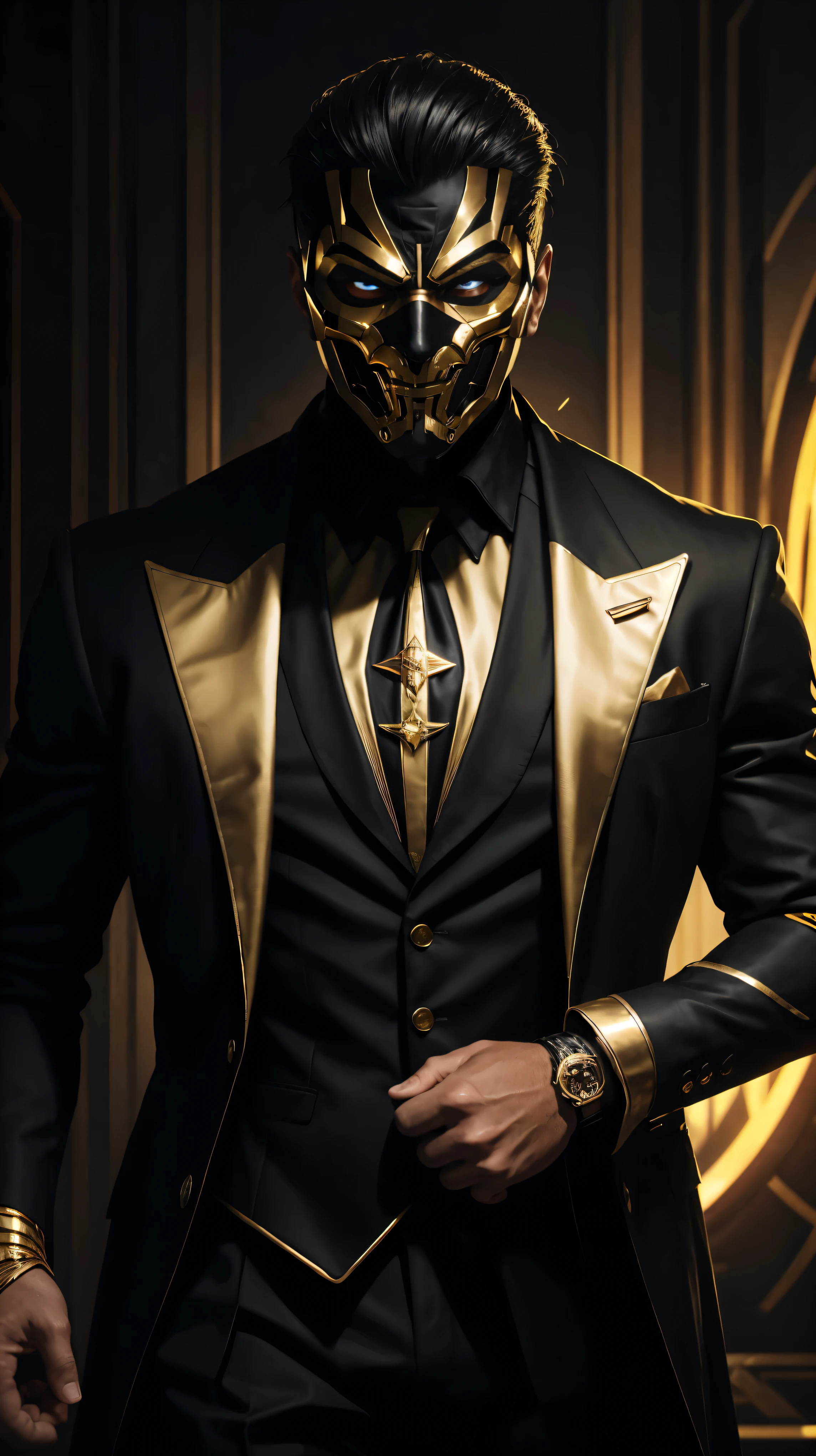 A man in a black and gold mask wearing a black suit with gold details mysterious supervillain 8k.