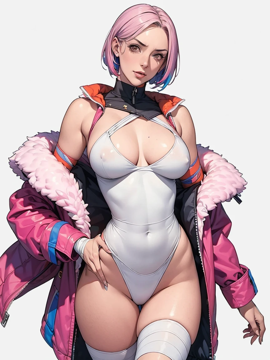 (((Annie Lennox))), (((colorful suit))), (scars), (((bandaged arms))), (((colorful clothes))) (( hood)), (((best quality: 1.4))), (Unbeatable masterpiece), (hyper HD),(CG 8k hyper-realistic), beautiful face, (((breasts big))), (((hyper feminine))), sexly girl, black tattoo,(ultra short red hair with white highlights)), ((( sculptural body ))), (((1 Kizi))), Kizi tatuada de 25 anos com perfect body,,Beautiful and well-groomed face,muscular body:1.2,solid color detailed jacket, (Head to thigh photos), Complex equipment, ,Tight clothes,With white stars and off-white stripes,,,,,Armor Metal Electronic Parts, Poison tattoos ) INFO, Kizi, (((standing alone))), , 24歳, sexy, pose de attitude, work of art, dancing, ((slight smile)), post-apocalypse, (((manga style))), bounty hunter, the way you want, perfect body, roupa moderna, advanced technology, white, yellow accent, black, red accent, fur collar jacket, sleeves with vertical striped pattern, background city, (( cowboy shot )). intricate visual, narrow waist, (((wide hips))), wide hips, fit thighs, (((thigh gap))), Thigh gap, background shows a futuristic airplane, open expression, expression happy