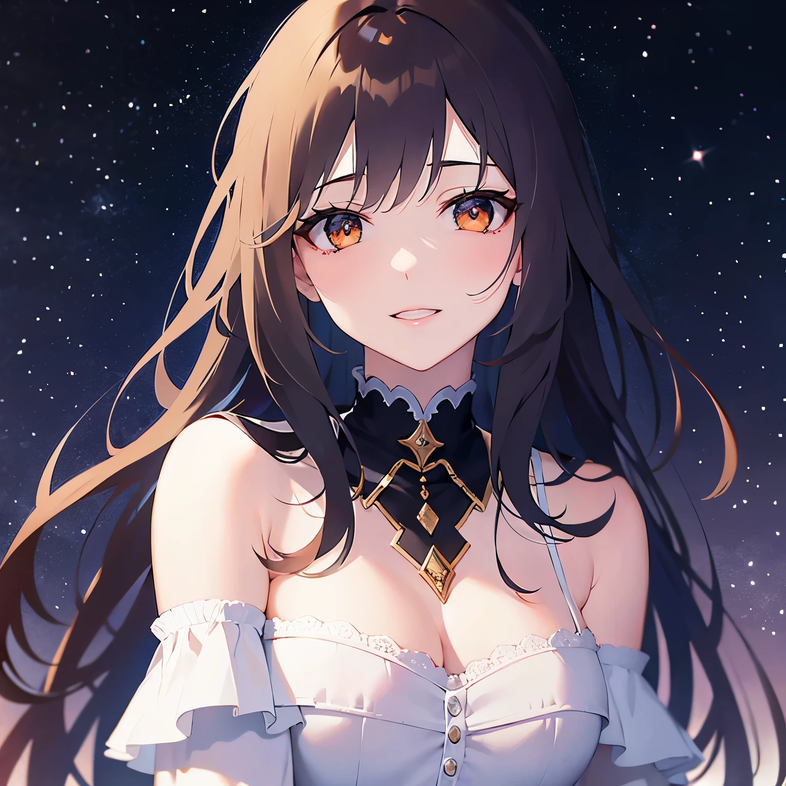 Cleavage、Close-up of your face、(pale skin: 1.2), shiny skin, shiny hair、(A 25-year-old woman with medium-length hair and bangs) and (wavy hair) and (brown hair) and (orange eyes) , (white) and (off shoulder dress) 、smile, (embarrassed:1.2), The background is the night starry sky、Alone、Are standing
