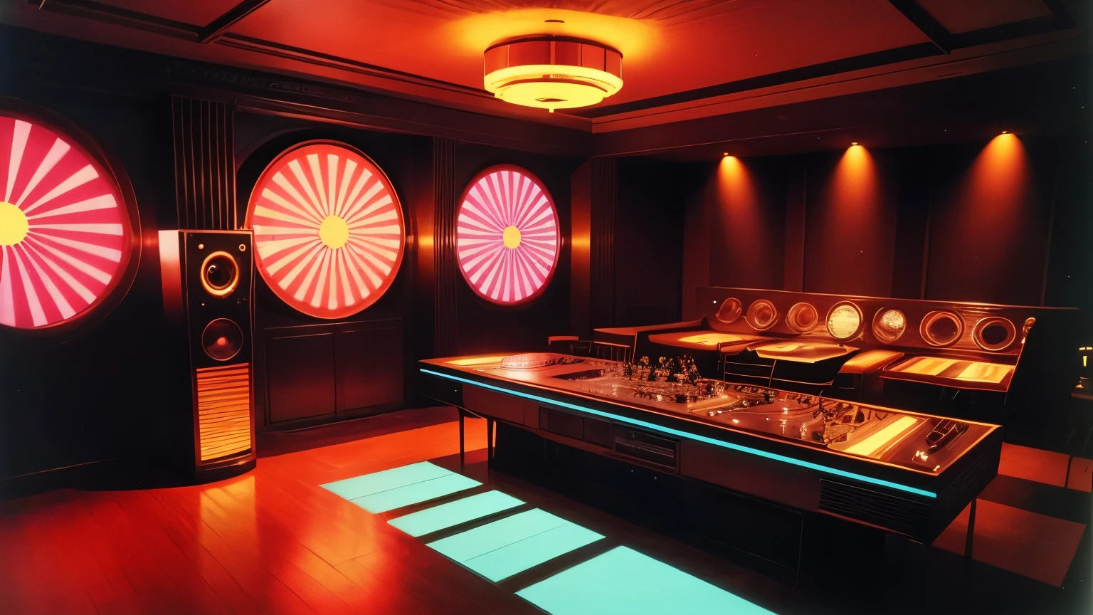 AMABIENTE INTERNO DE DISCO CLUB NOS ANOS 70 EM NYC, NO FIGURES INSIDE, SHOWWING DECORATION 70S STYLES, SPEAKERS, ILUMINATION, ETC, EQUIP,MENTS, CAIXAS DE SOM DA EPOCA, DJ TABLE