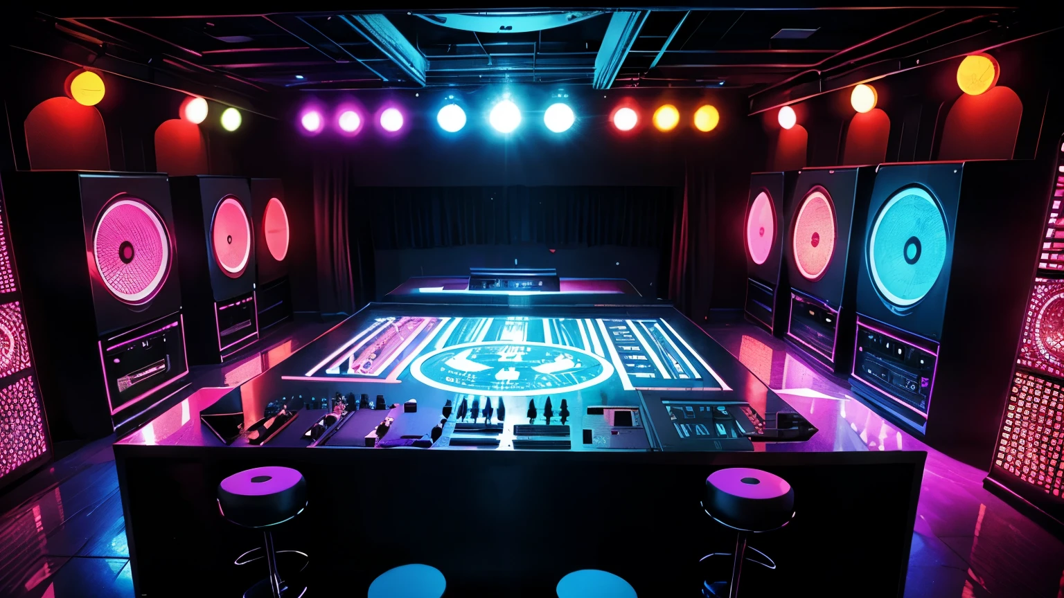 AMABIENTE INTERNO DE DISCO CLUB NOS ANOS 70 EM NYC, NO FIGURES INSIDE, SHOWWING DECORATION 70S STYLES, SPEAKERS, ILUMINATION, ETC, EQUIP,MENTS, CAIXAS DE SOM DA EPOCA, DJ TABLE