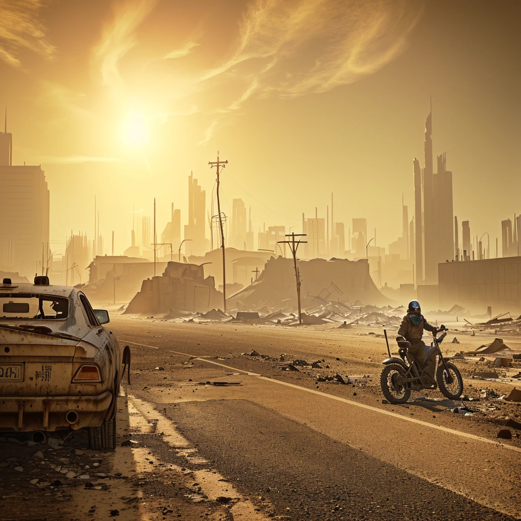 Car parked on the roadside in the city, Post-apocalyptic atmosphere, Post-apocalyptic wasteland, Post-apocalyptic hellscape, In a post-apocalyptic wasteland, post apocalyptic landscape, Post-apocalyptic wasteland, post apocalyptic scene, post apocalyptic world, Post-apocalyptic background, post apocalyptic streets, apocalyptic landscape, The scenery of Tianqi City, post-apocalyptic perspective, post apocalyptic city , ((low angle shot 1.7)) ((Camera lens close to the ground to shoot 1.8))