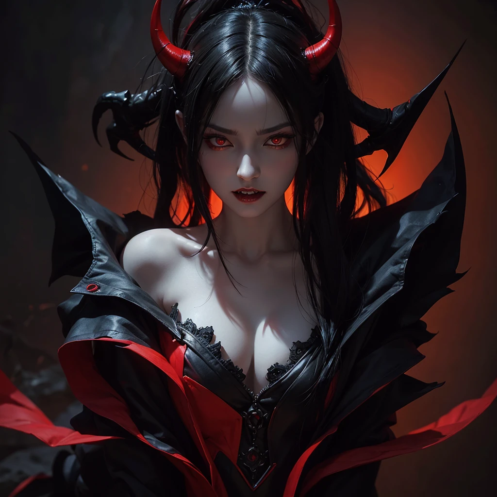 detailed demon-like woman, vibrant black and red eyes, intricate horns, sharp teeth, ebony hair, pale skin, dark fantasy, cinematic lighting, dramatic chiaroscuro, rich colors, highly detailed, photorealistic, 8k, masterpiece