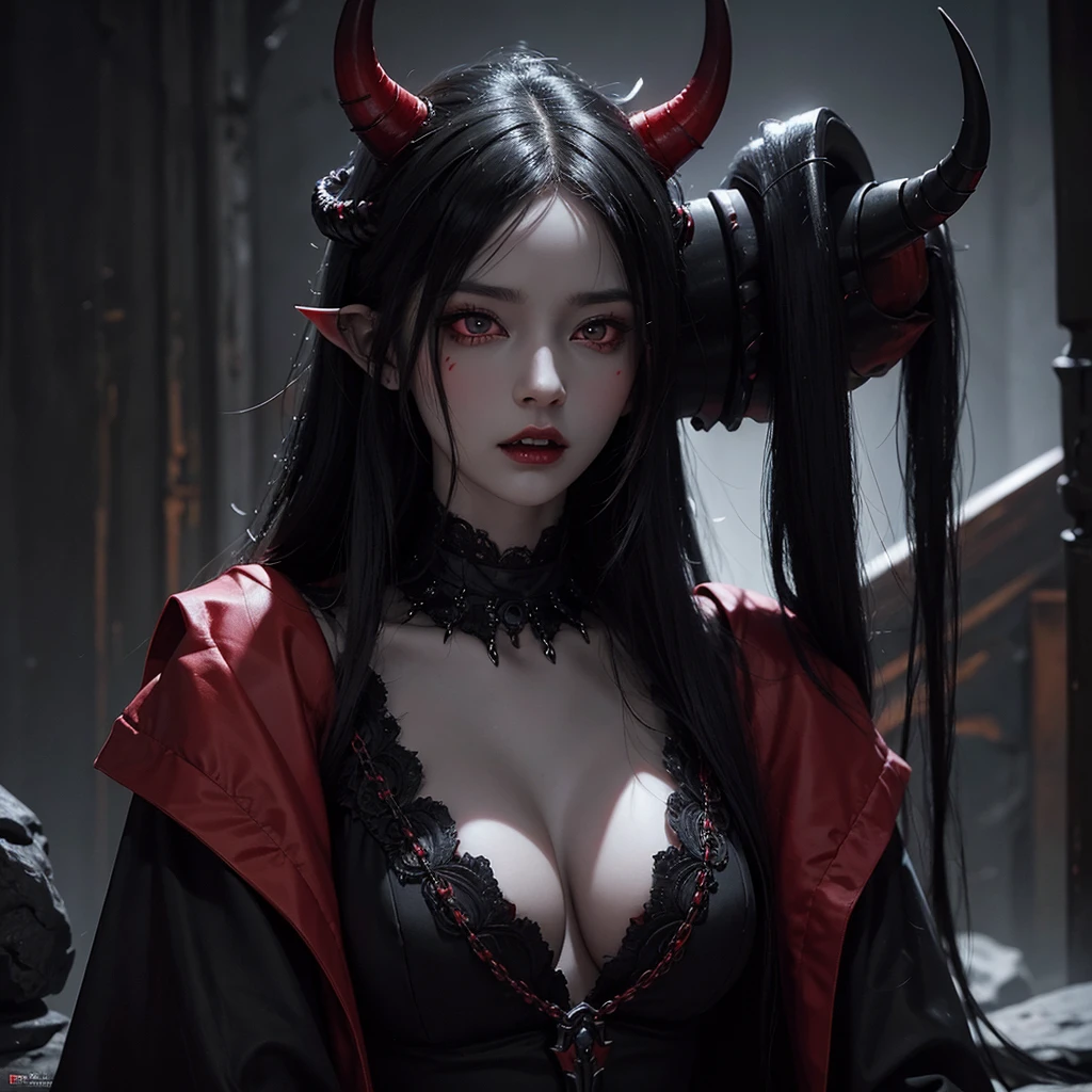 detailed demon-like woman, vibrant black and red eyes, intricate horns, sharp teeth, ebony hair, pale skin, dark fantasy, cinematic lighting, dramatic chiaroscuro, rich colors, highly detailed, photorealistic, 8k, masterpiece