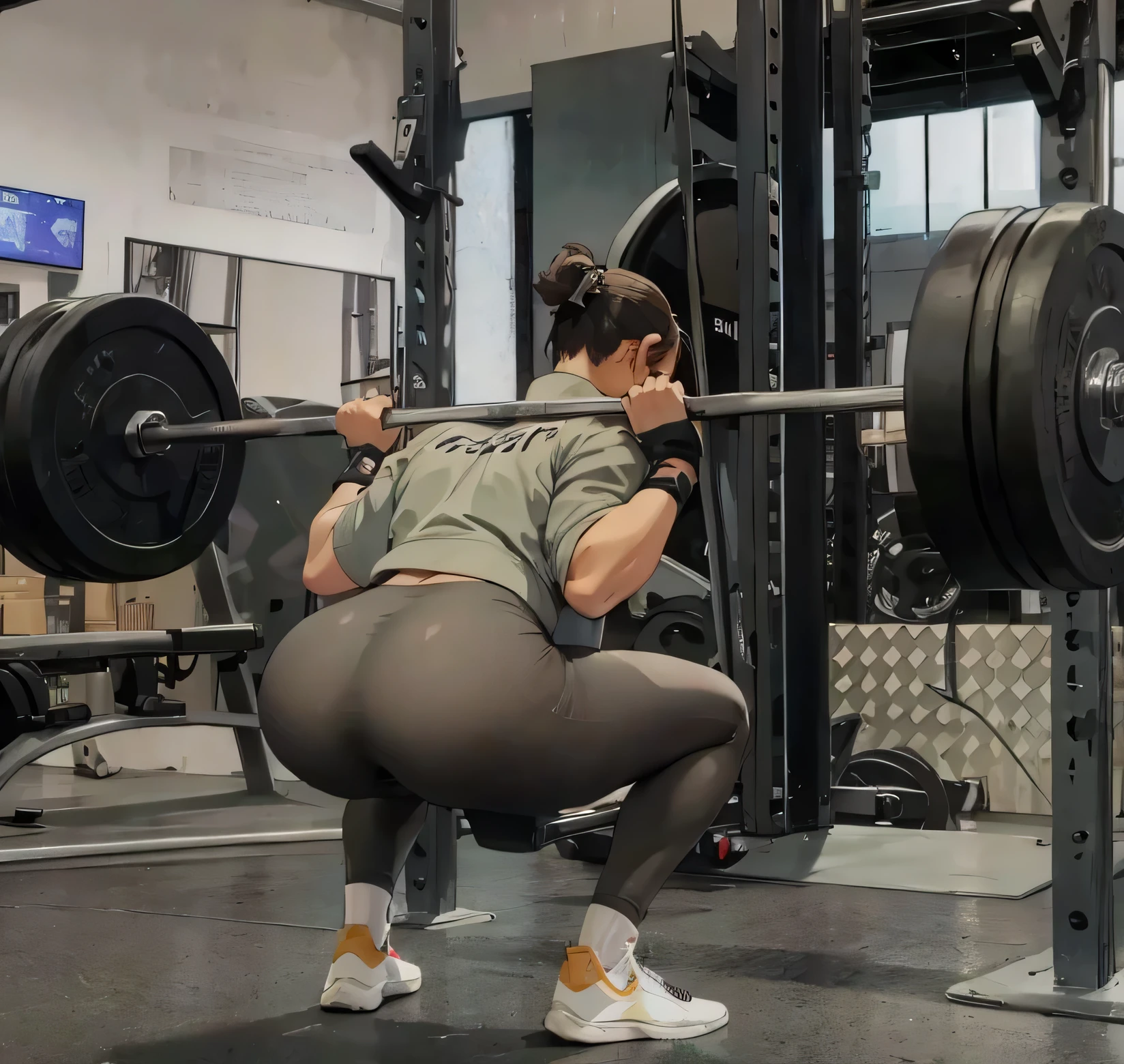 a girl with a big butt, her butt marked in the clothe, she is in the gym.