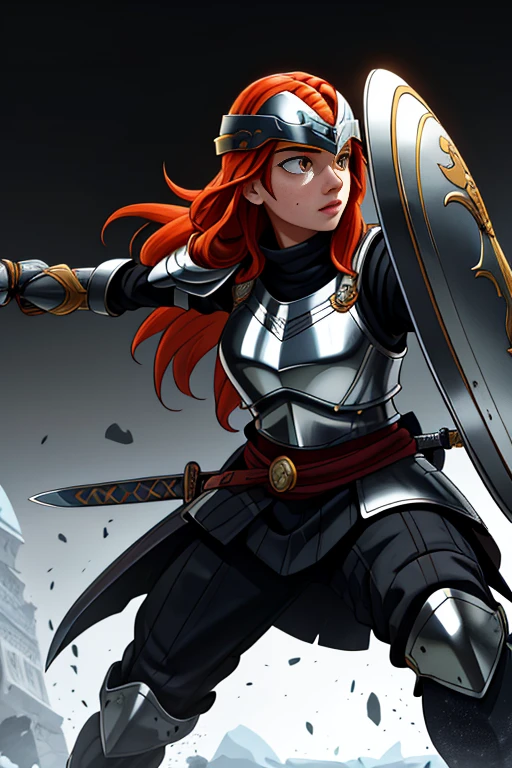 > work of art, high qualiy,, freckles, long hair, russet hair, grey-eyed, armors, Hoplita, helmet, shield, female, battle pose, attacking with the sword