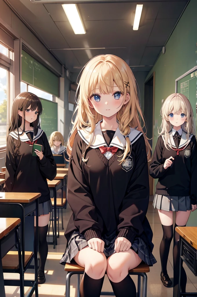 five girls, school, class, black, blond, brown