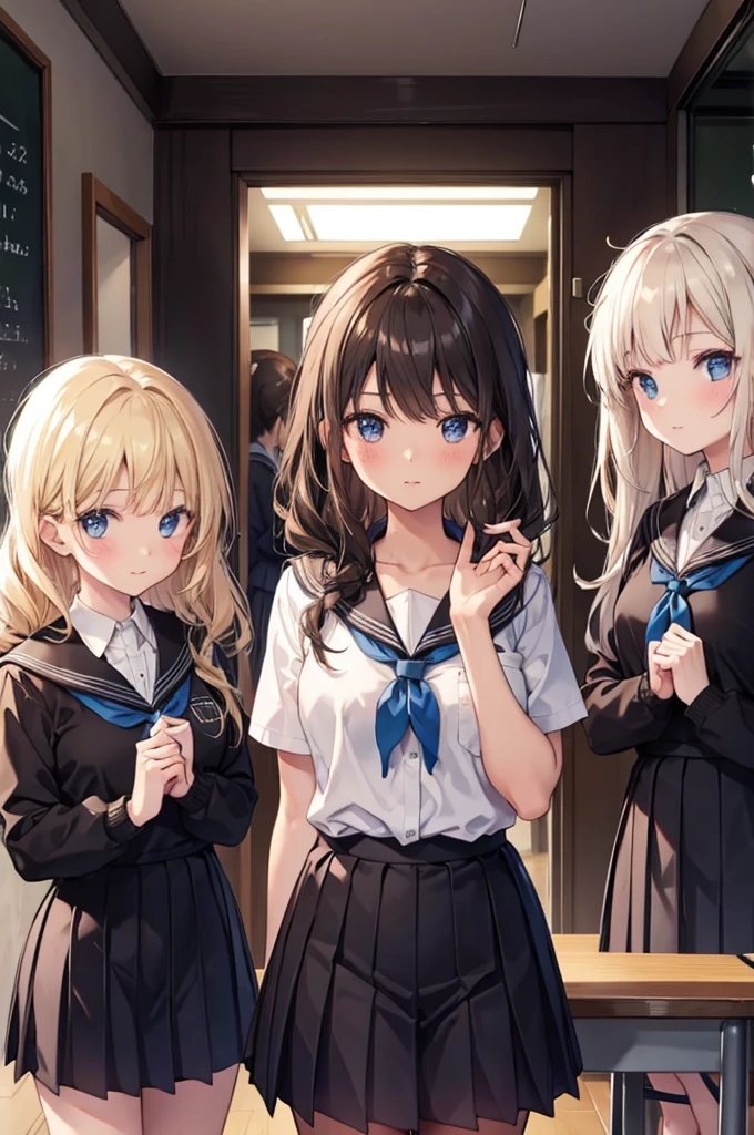 five girls, school, class, black, blond, brown