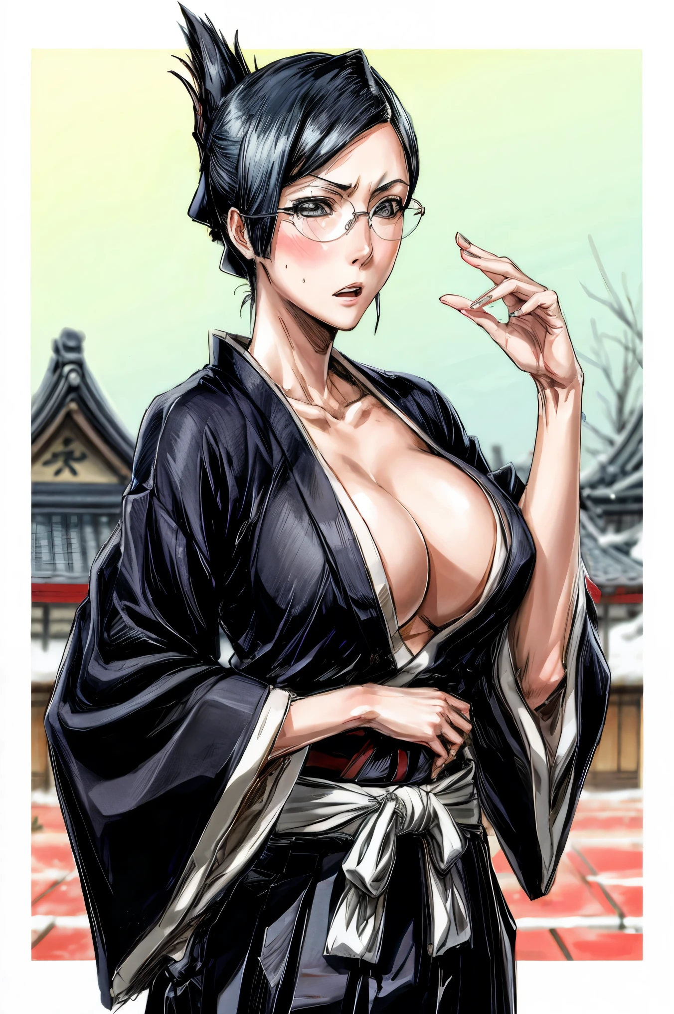 ise nanao {big tits, blushing face}, folded ponytail, glasses, black robes {opening the robe and showing her bra}, sash, hakama skirt