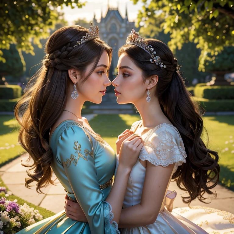(masterpiece, best quality:1.5), highest quality, High resolution, super detailed, Realists, Upper body photo of the brunette princess, detailed and beautiful eyes, beautiful detailed lips, very detailed eyes and face, longeyelashes, Princess in shiny satin royal dress, Beautiful and colorful makeup, Long ponytail hairstyle, elegant and noble々Pose,shiny crown and jewels, Royal gardens as background, soft daylight, bright colors, fine brushstrokes, Portrait style, Noble details in the dress fabric, beautiful color palette, glowing skin, First-class rendering, that captures every detail, enchanting atmosphere, subtle shadows and lights, (perfect anatomy:1.2), (Two stunning princesses are deeply in love:1.4), (kiss:1.2), (magnificent panorama view:1.2)