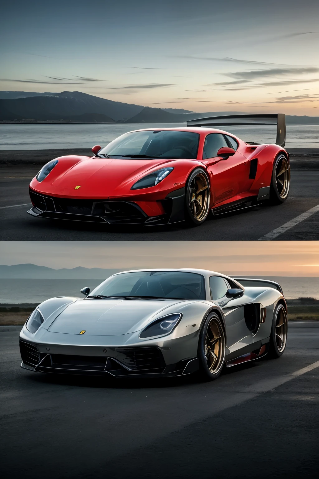 Draw a captivating fusion of Ferrari Dino, Volkswagen Kombi, and Porsche Carrera GT in three enchanting frames:

1. Front View:
Witness the harmonious blend of three iconic automobiles as the Porsche Carrera GT's aggressive front end seamlessly merges with the timeless charm of the Ferrari Dino's round headlights and the Volkswagen Kombi's vibrant front grille, resulting in a mesmerizing blend of power and nostalgia. The headlights shine with a vibrant hue, radiating a sense of elegance and dynamism, while the mosaic design of the Volkswagen