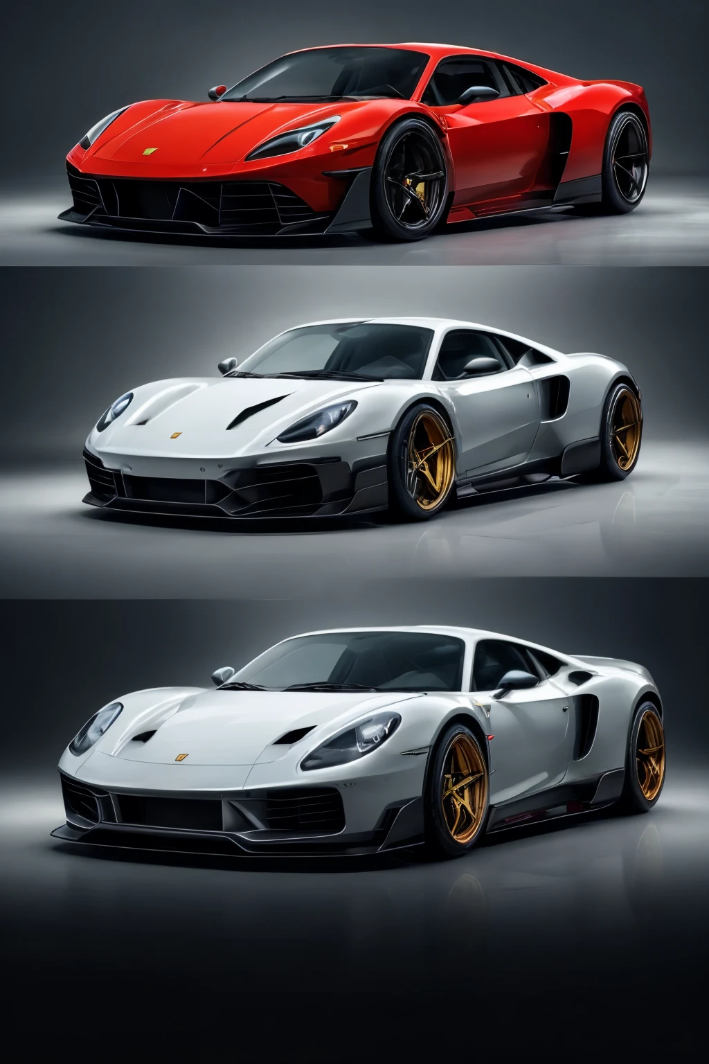 Draw a captivating fusion of Ferrari Dino, Volkswagen Kombi, and Porsche Carrera GT in three enchanting frames:
1. Front View:
Witness the harmonious blend of three iconic automobiles as the Porsche Carrera GT's aggressive front end seamlessly merges with the timeless charm of the Ferrari Dino's round headlights and the Volkswagen Kombi's vibrant front grille, resulting in a mesmerizing blend of power and nostalgia. The headlights shine with a vibrant hue, radiating a sense of elegance and dynamism, while the mosaic design of the Volkswagen