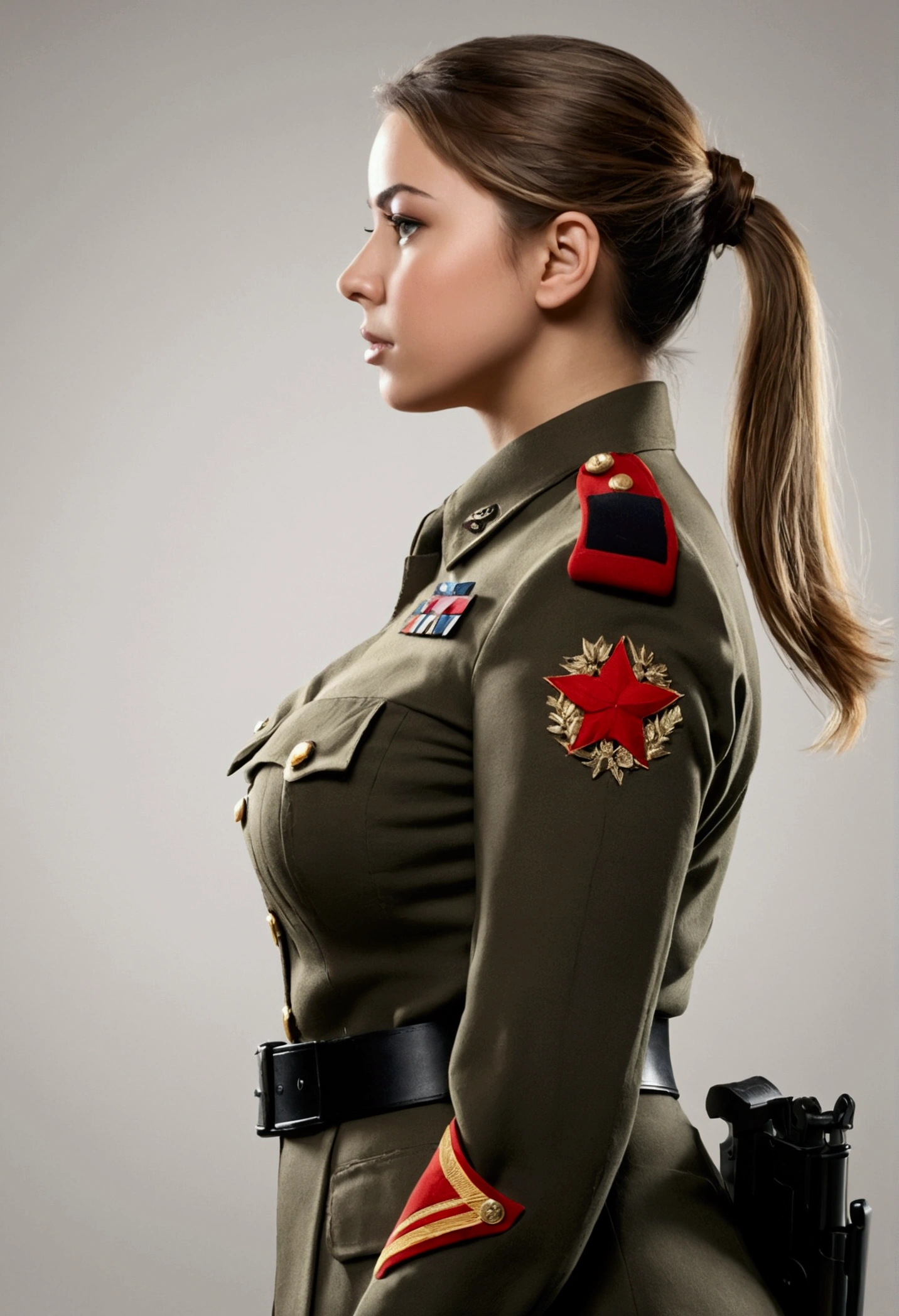  girl with big breast and big ass, From Side View, in soldier uniform