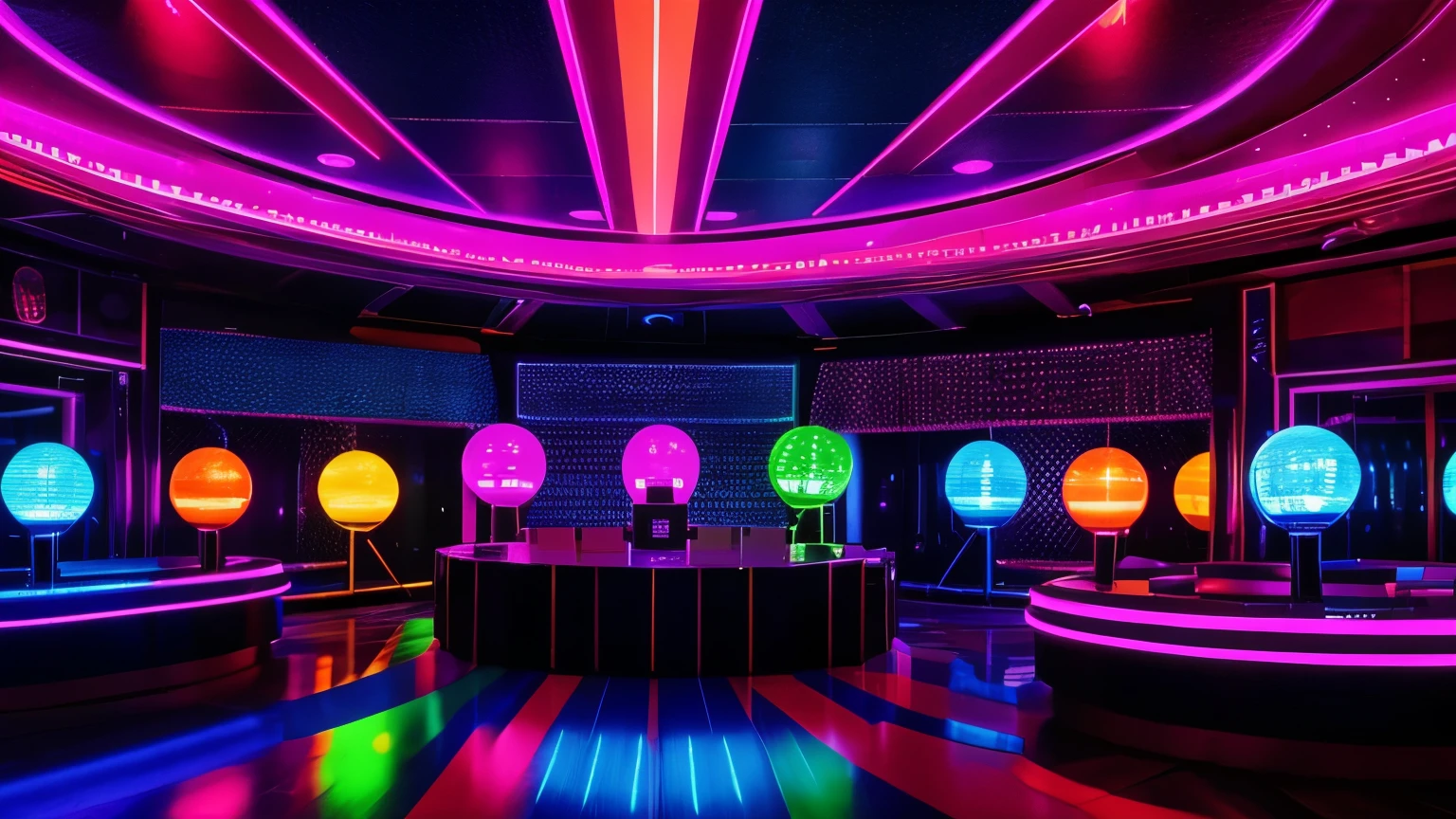 "70s NYC disco: colorful flashing lights, rotating globes, huge speakers, shiny soundboards, neon walls, vibrant and energetic environment, no people present."