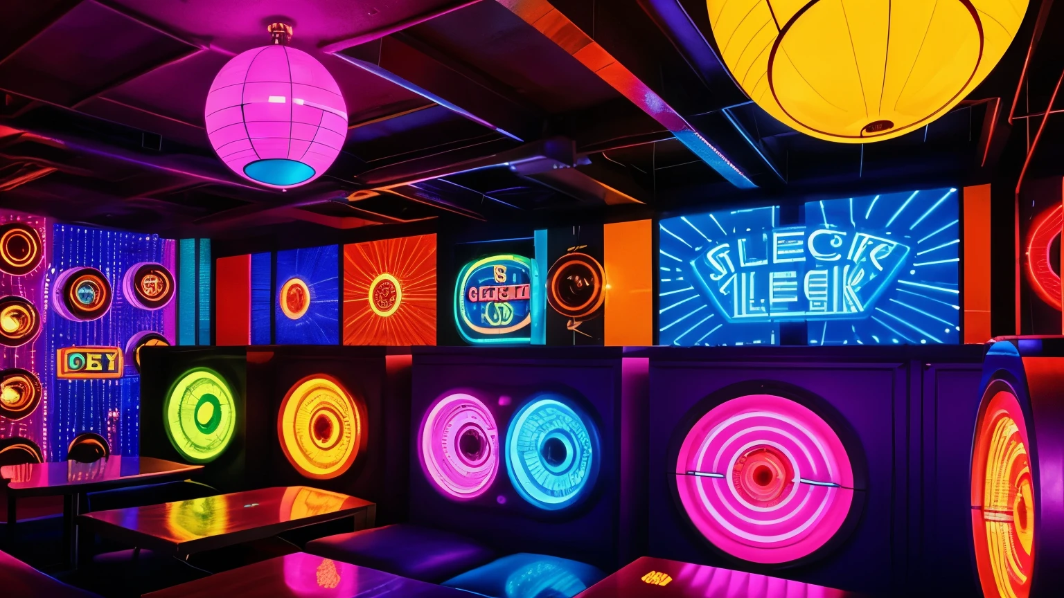 "70s NYC disco: colorful flashing lights, rotating globes, huge speakers, shiny soundboards, neon walls, vibrant and energetic environment, no people present."