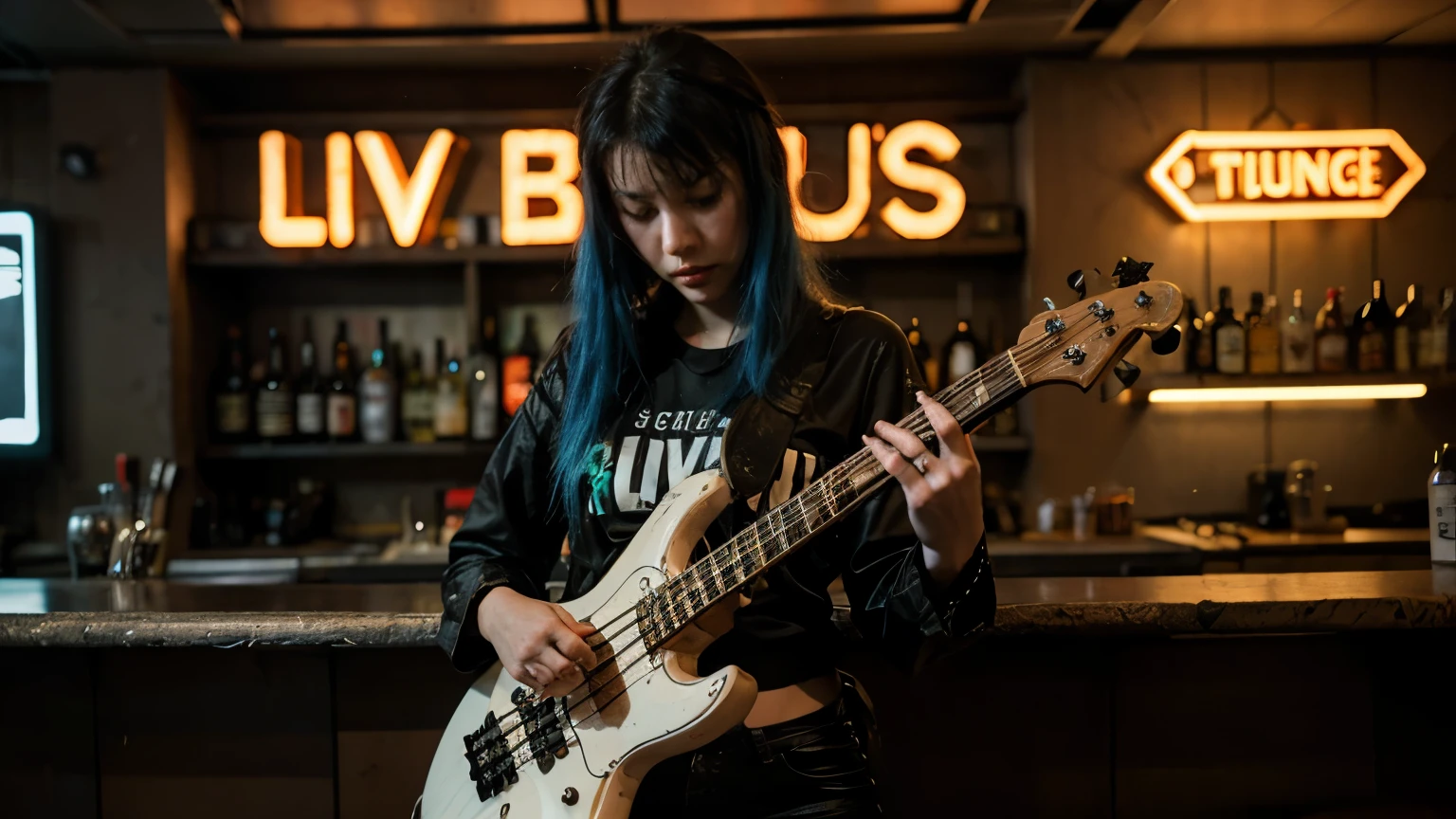 a woman holding a bass guitar in front of a bar with a sign that says live blues in neon letters in lofi cyberpunk style