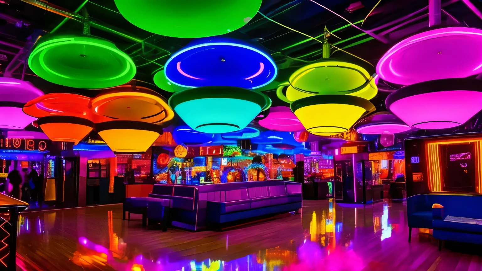"70s NYC disco: colorful flashing lights, rotating globes, huge speakers, shiny soundboards, neon walls, vibrant and energetic environment, no people present."