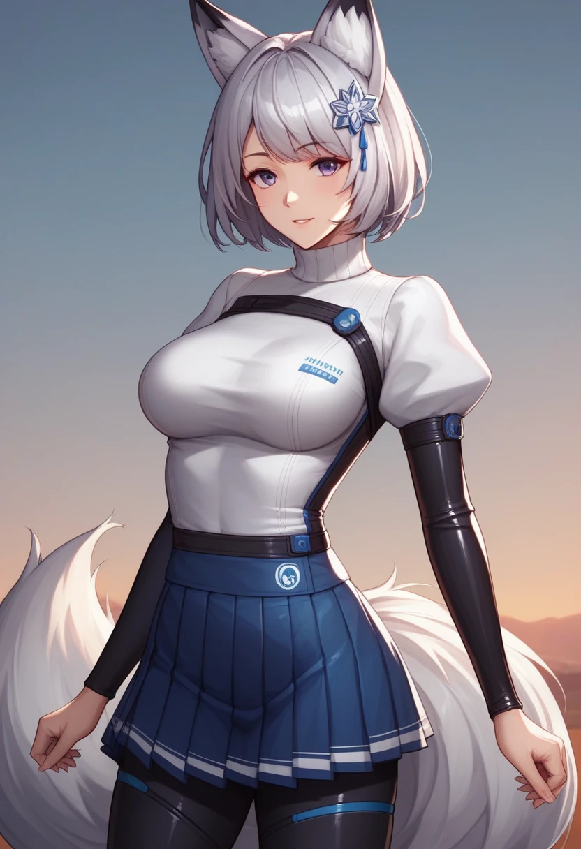 (masterpiece, best quality:1.2)((silver white hair))((violet eyes)),1girl,((eyes tilted outwards)), ((standing_fox_ears)),((fluffy_fox_tail)), milf,averting_eyes,basic_blue_hairpin,bob_hair,short_hair, (medium breasts), puffy_sleeves, pleated_skirt, sweater_shirt, ((silicone skinsuit))