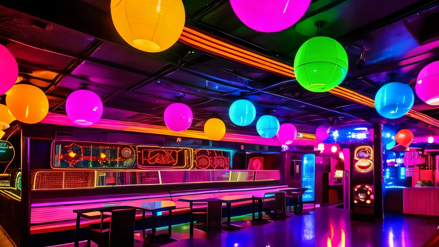 "70s NYC disco: colorful flashing lights, rotating globes, huge speakers, shiny soundboards, neon walls, vibrant and energetic environment, no people present."