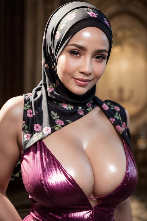 ((Naked Colourfull)), ((mature Lady :1.6)), (((VERY SHINY SKIN))), Very cute like a Matured Lady, ((Stylish Hijab)), adorable, 2 girl, 34 years old, face, shy, half body portrait,smile, (face details: 1), (eye details: 1), ((round large breasts, cleavage)). Cute posed. proportional body. Ultra High Res. (realistic: 2), UHD, ((SHINY SKIN :1.5)), ((Floral Pattern)).