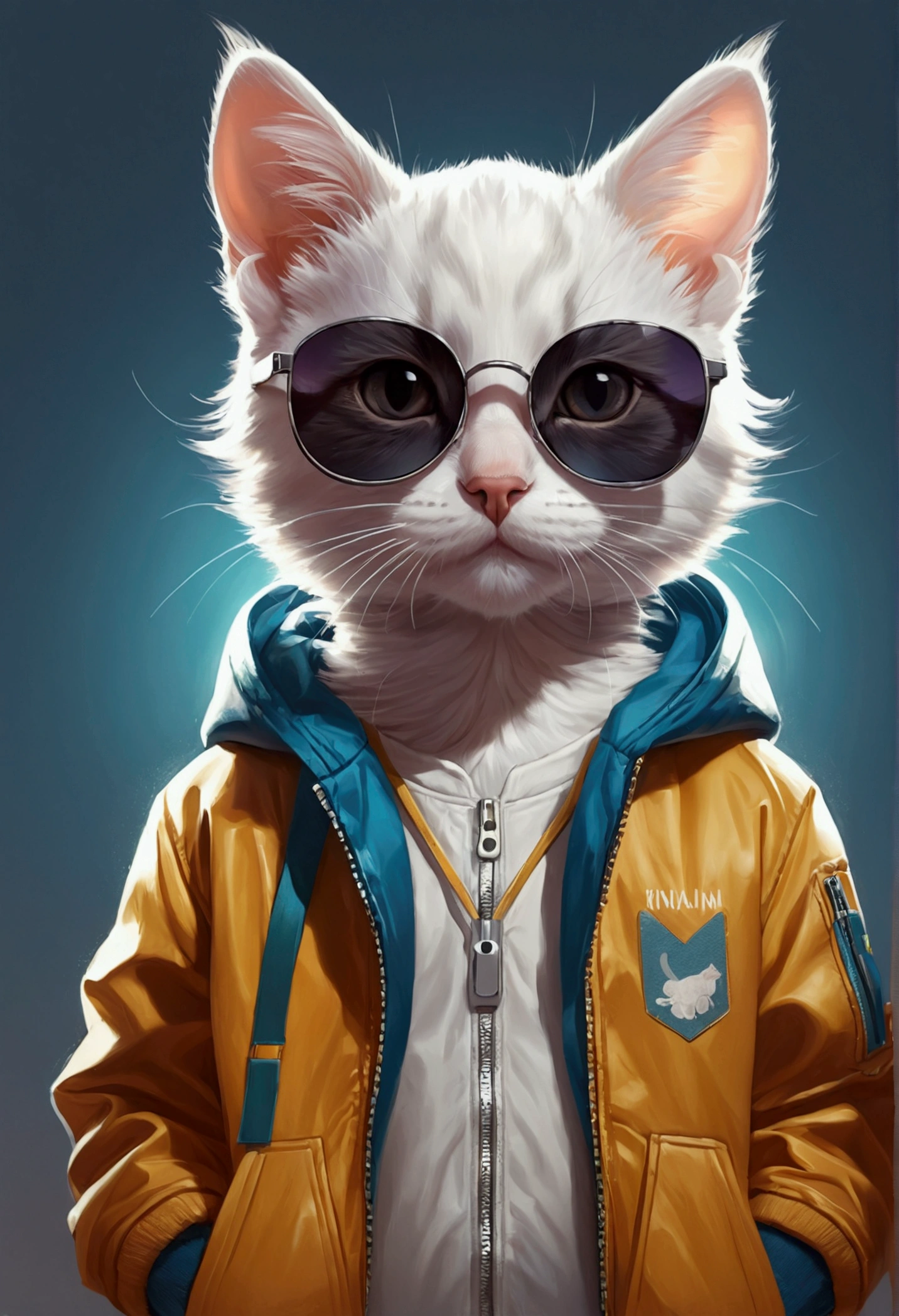 Perfect centering, A cute kitten all over, Wear a student jacket, Wearing sunglasses, Wearing headphones, Standing position, Abstract beauty, Centered, Looking at the camera, Facing the camera, nearing perfection, Dynamic, Moonlight, Highly detailed, Digital painting, art  stations, concept-art, smooth, Sharp focus, 8K, high definition resolution, illustration, Art by Carne Griffiths and Wadim Kashin, White background