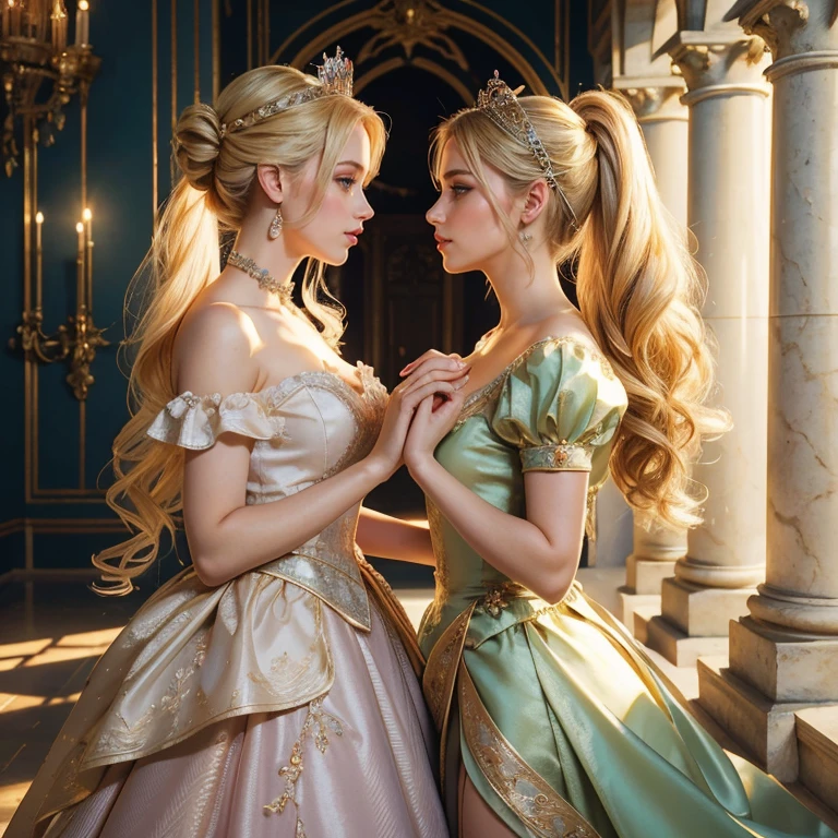 (masterpiece, best quality:1.5), highest quality, High resolution, super detailed, Realists, Upper body photo of the blonde princess, detailed and beautiful eyes, beautiful detailed lips, very detailed eyes and face, longeyelashes, Princess in shiny satin royal dress, ponytail hairstyle, Beautiful and colorful makeup, elegant and noble々Pose,shiny crown and jewels, Royal gardens as background, soft daylight, bright colors, fine brushstrokes, Portrait style, Noble details in the dress fabric, beautiful color palette, glowing skin, First-class rendering, that captures every detail, enchanting atmosphere, subtle shadows and lights, (perfect anatomy:1.2), (Two stunning princesses are deeply in love:1.4), (kiss:1.2), (magnificent panorama view:1.2)
