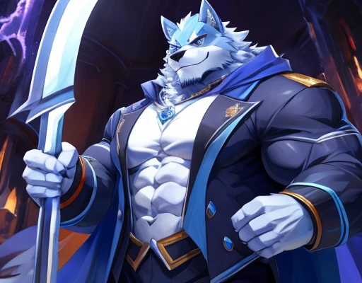 ((masterpiece)),((detailed)),anime,muscular blue  wolf furry, wear plack pants, blue suit,blue cape,handsome, stronger physique, muscular body, muscular arms,cool pose,blue and white fur,brown eyes, blue ears inside,male, nice blue hair in the head,smirk, cool big frost scythe in the back,the scythe have frost blade and glowing cyan,9'0 tall,nice handsome face