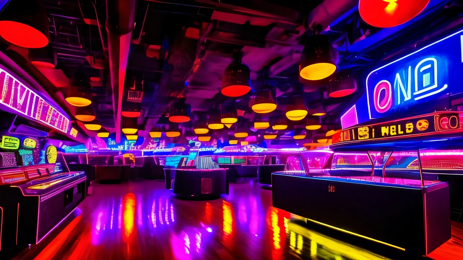 70s NYC disco: flickering lights, rotating globes, huge speakers, soundboards full of buttons, neon walls, empty space, atmosphere of pure energy."