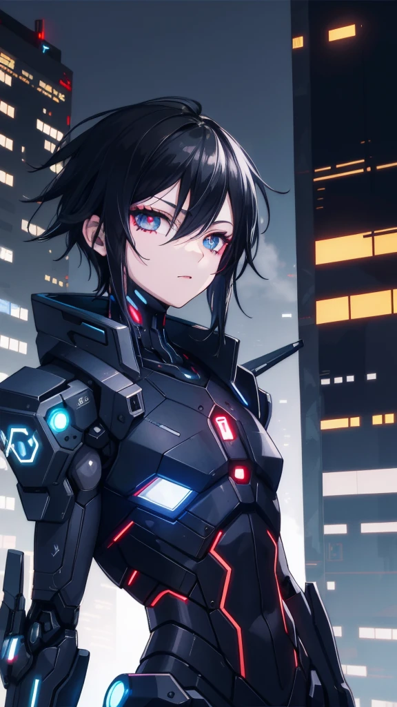 cyber punk, citys, 1 young boy, Bblack hair, eyes black, cyborg