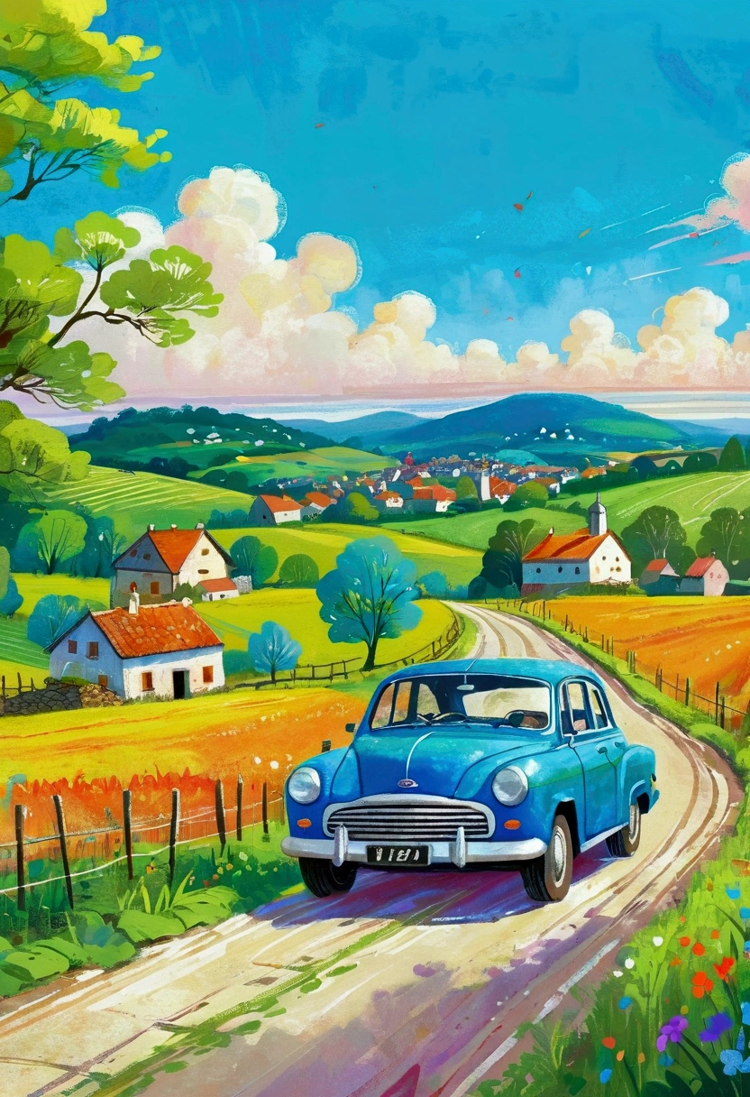 Children's graffiti,Oil pastel strokes,Rough texture。painting of a blue car driving down a country road with a village in the background, hand painted cartoon art style, countryside city scene, vibrant gouache painting scenery, scenery artwork, a beautiful artwork illustration, naive art, detailed scenery —width 672, in the countryside, stylized digital illustration, digital cartoon painting art, illustration painting, by Yi Inmun, countryside