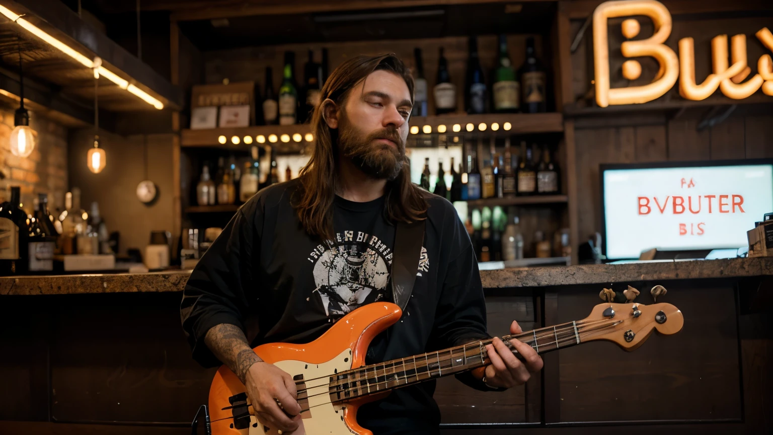 a bearded man holding a bass guitar in front of a bar with a sign that says live blues in neon letters in lofi cyberpunk style 