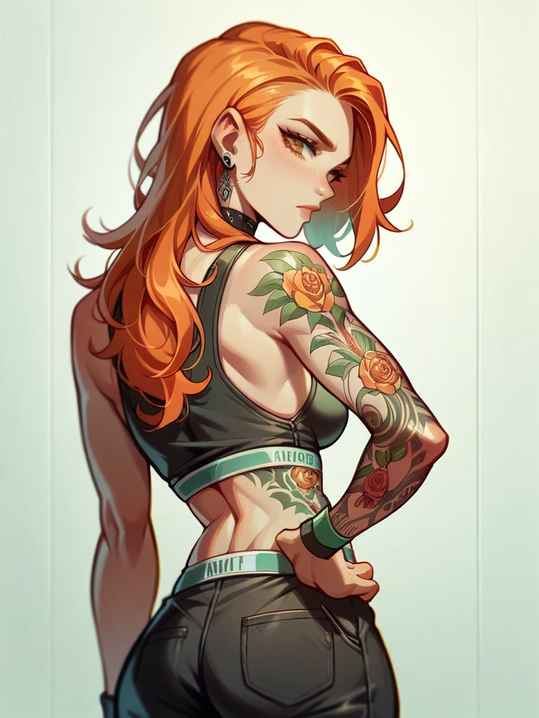 a pumped up woman with black and orange hair and red and green like orange eyes shining in the gym fanart anime with tattoos