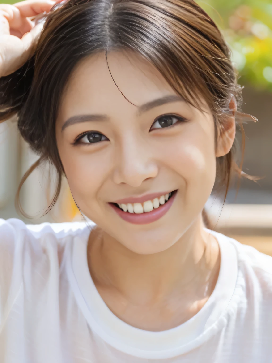 One Japanese woman、28 years old、She is facing the camera、Looking at the camera、Big smile with open mouth、T-shirt、Perfect Makeup、Thin eyebrows、Lip gloss、Depth of written boundary, Pause, Close-up, uhd, Skin Texture, Super Detail, Highest quality, 8k