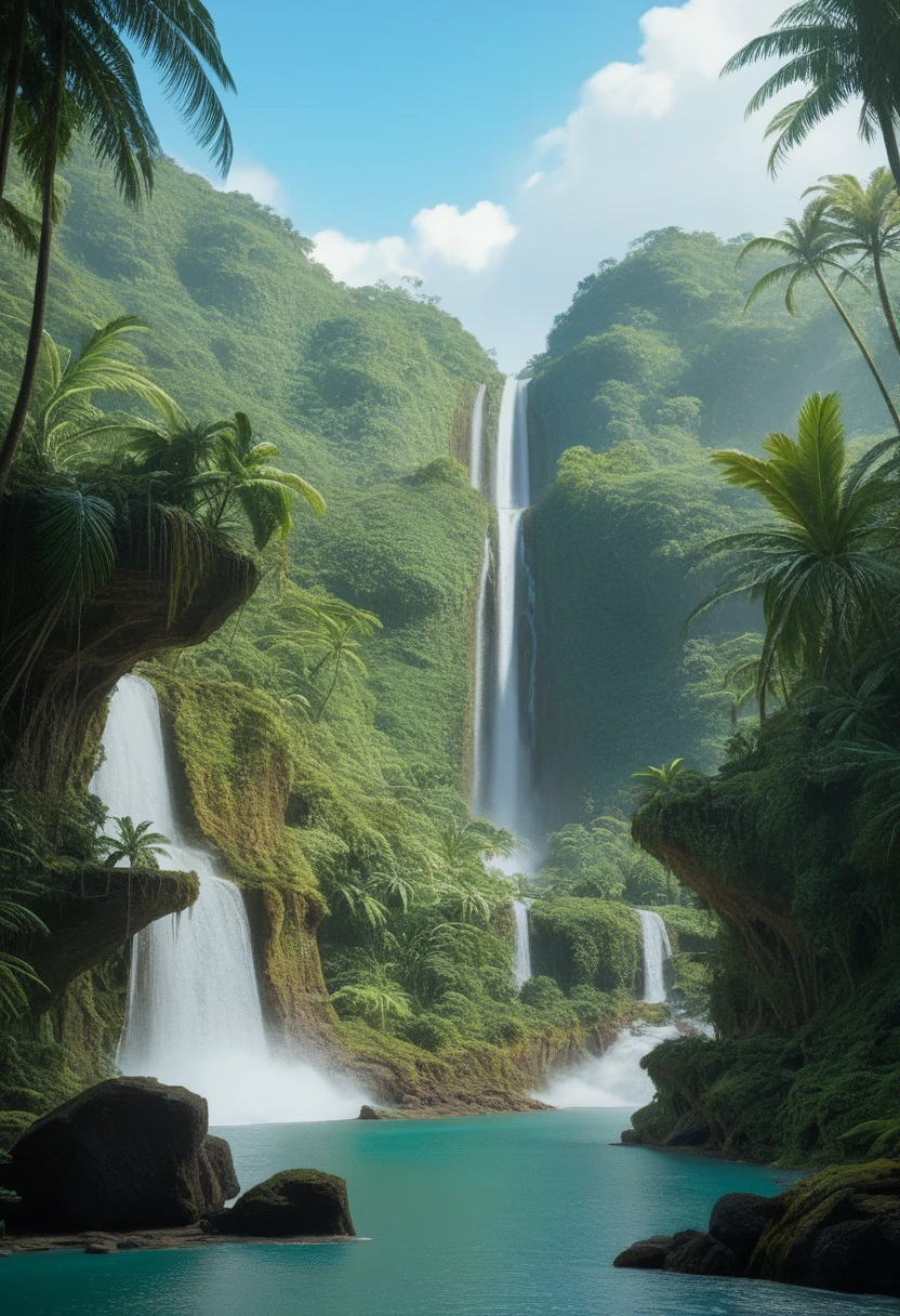 there is a waterfall in the middle of a tropical jungle, beautiful representation of a landscape, matte paint, beautiful matte paint, 3D virtual landscape painting, environmental paint, jungle landscape, pintura digital mate 4K HD, Relaxing Conceptual Art, environmental art, background jungle, matte paint del arte del juego, matte paint renderizada 3d, tropical landscape, beautiful 3d concept art