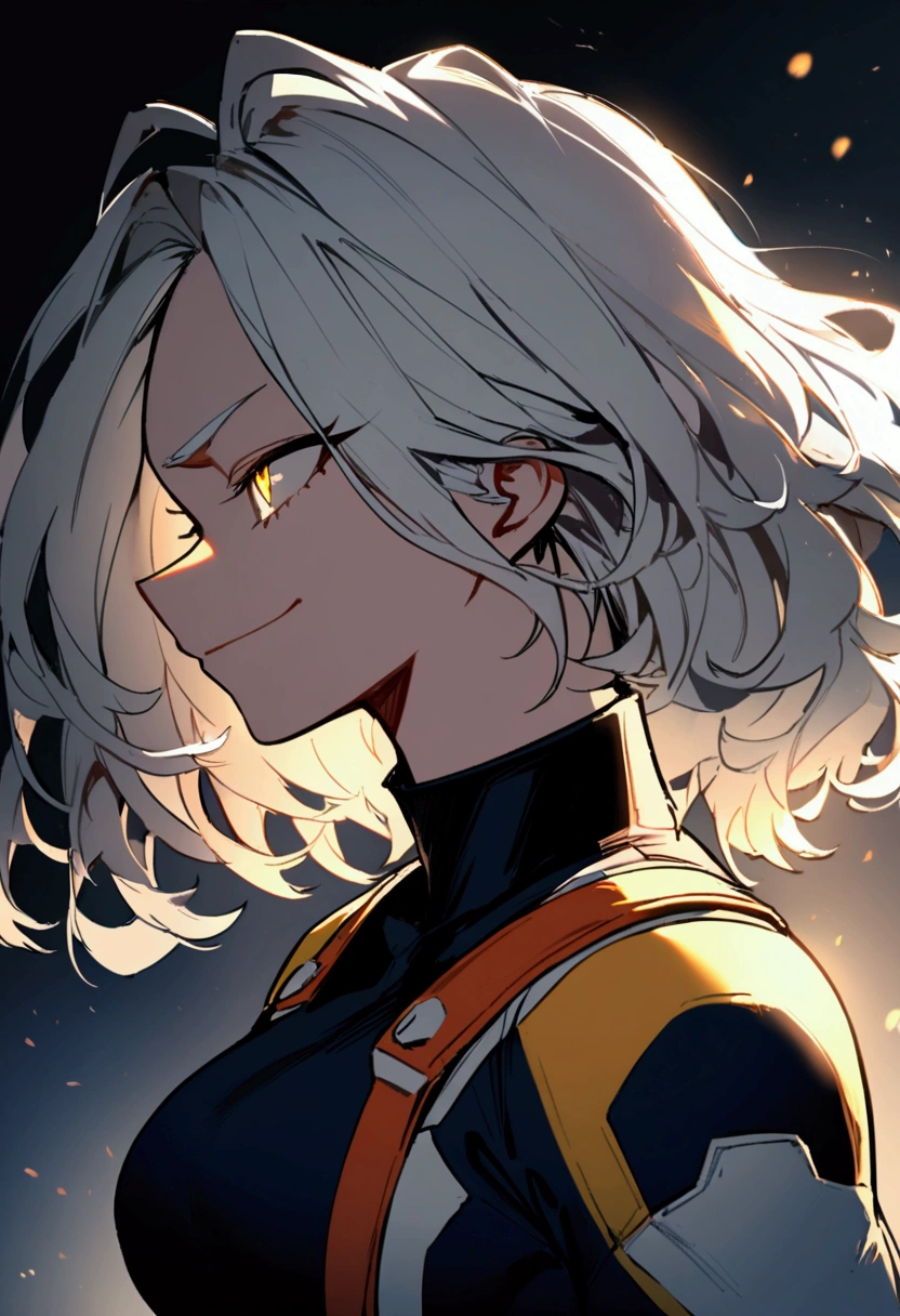 my hero academia, a girl, long white hair, yellow eyes, short, beautiful, in a black turtleneck suit side profile, smirking .