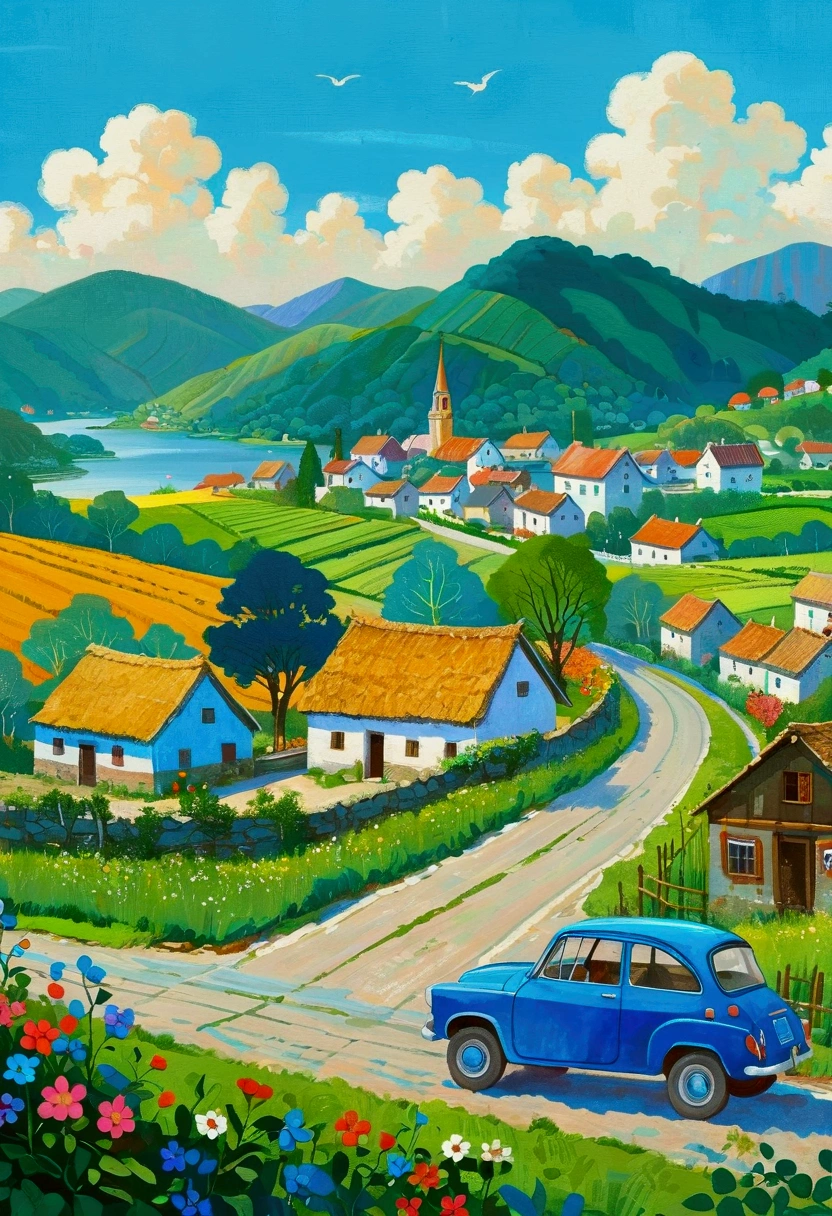 painting of a blue car driving down a country road with a village in the background, a detailed painting by Yi Inmun, shutterstock contest winner, naive art, hand painted cartoon art style, countryside city scene, vibrant gouache painting scenery, scenery artwork, a beautiful artwork illustration, detailed scenery —width 672, in the countryside, stylized digital illustration